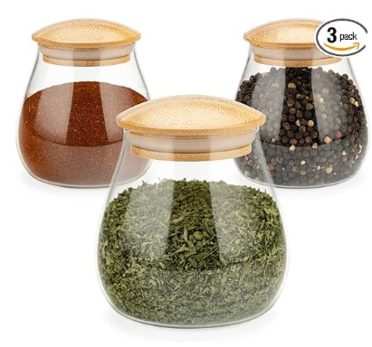 Set of 3 Small Glass Jars with Bamboo Lids - Decorative 13 Ounce Borosilicate Glass Canisters with Airtight Lids - Modern Bamboo Glass Storage Containers for Coffee, Sugar, Candy, Rice, Pasta, and More